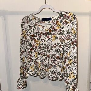 Blue Rain Floral Blouse with Yellow and Orange Accents
